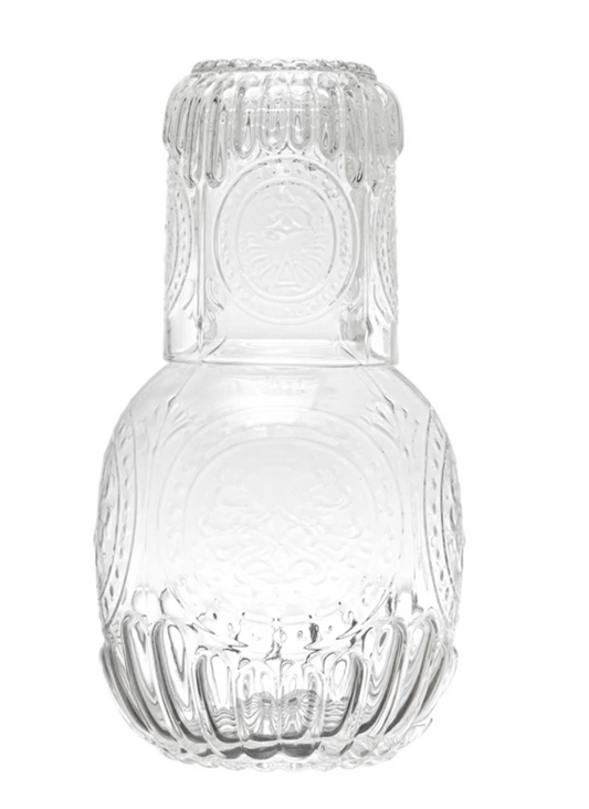 Embossed Glass Carafe With Drinking Glass