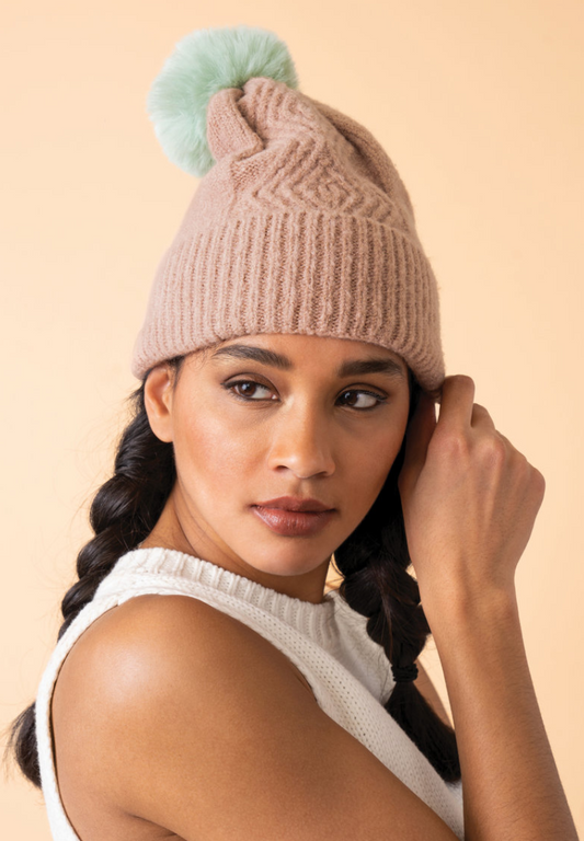 Ingrid Bobble Hat - Taupe Aqua