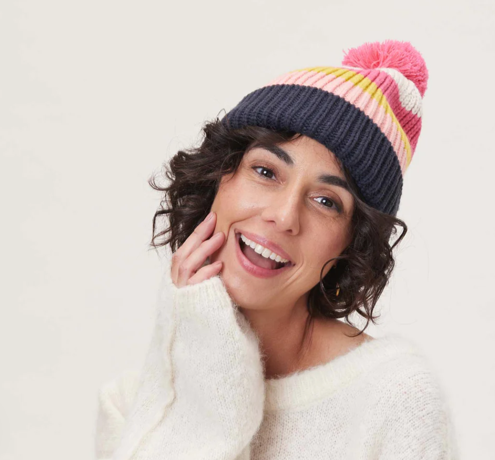 Piccadil Knit Beanie -  Navy & Pink Stripes