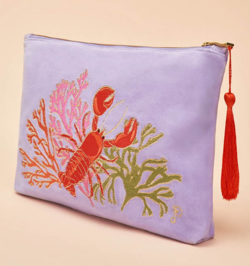 Velvet Embroidered Zip Pouch - Lobster Buddies