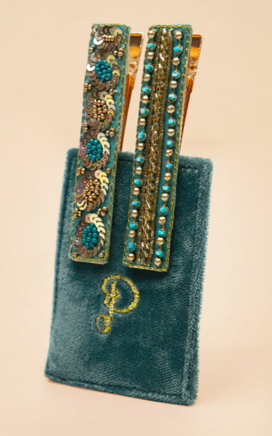 Teal Ovals & Beads Bar Hair Clips