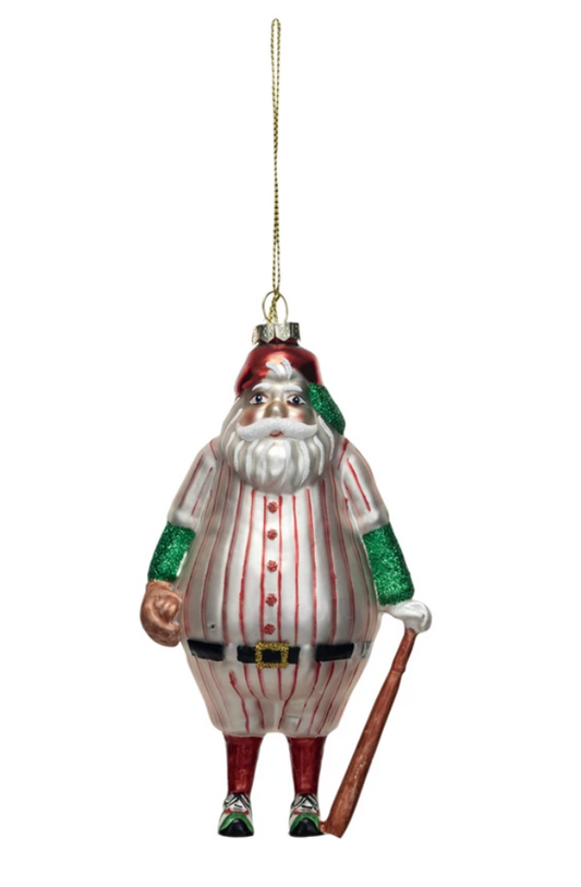 Glass Santa in Baseball Outfit Ornament with Bat