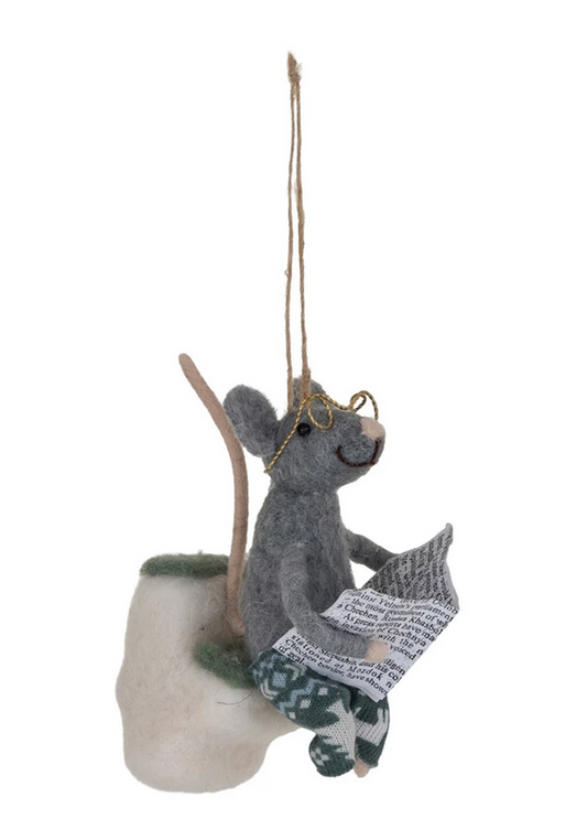 Wool Felt Mouse Ornament on Toilet With Glasses & Newspaper