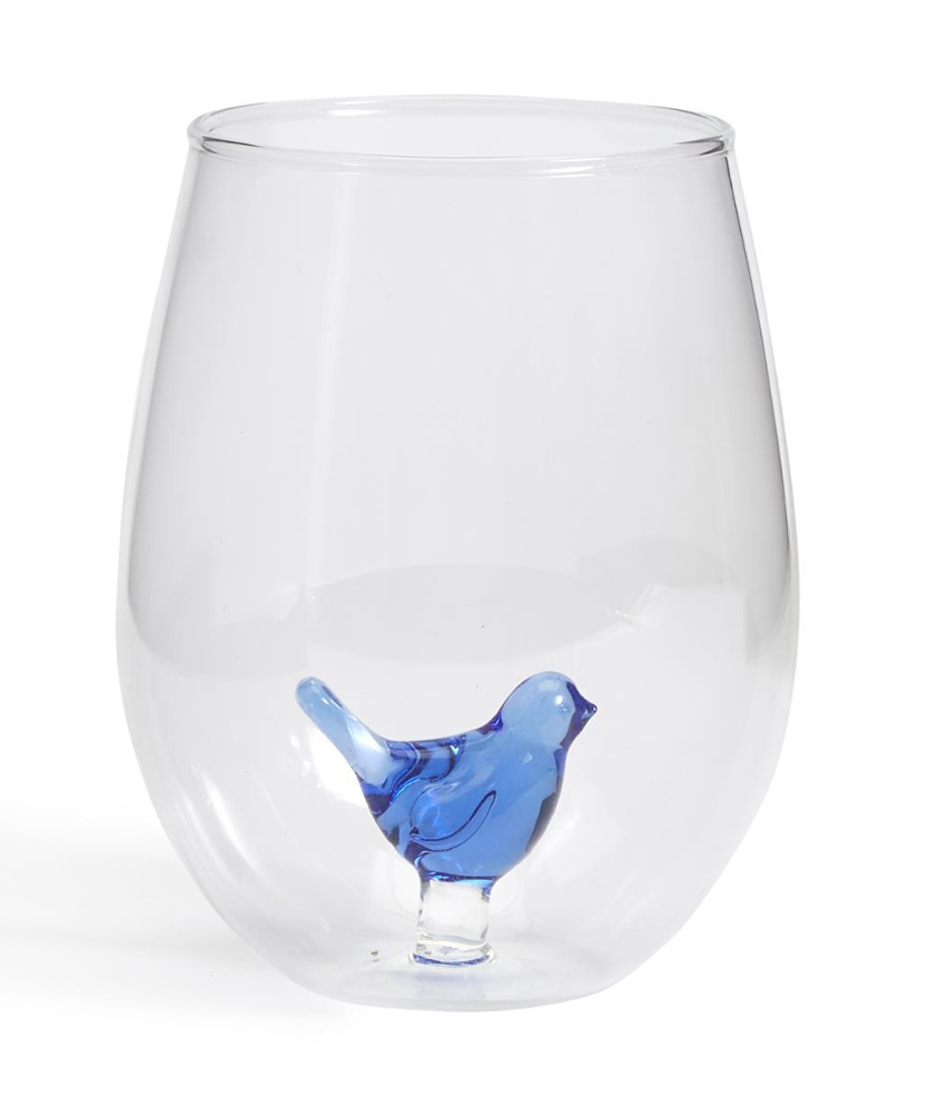 Blue Bird Stemless Wine Glass