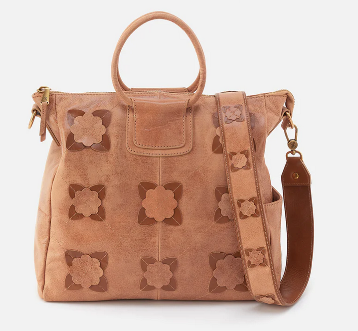 Sheila Large Satchel - Tan With Floral Applique