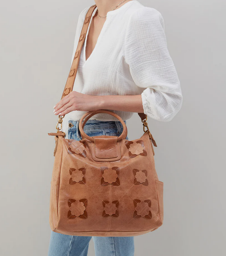 Sheila Large Satchel - Tan With Floral Applique