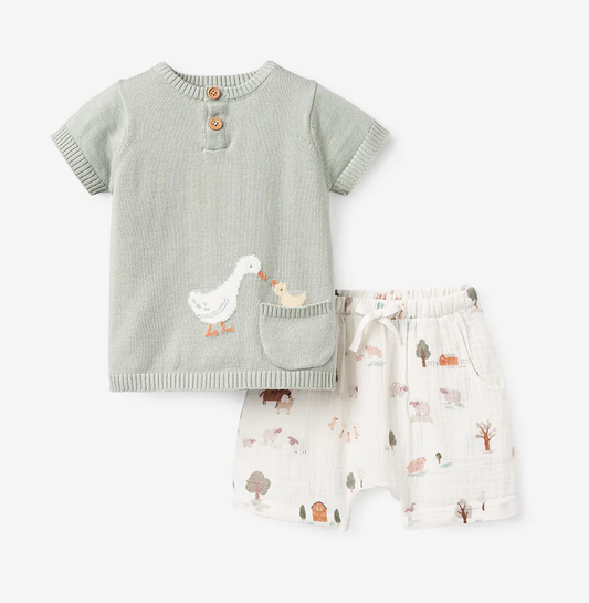 On the Farm Baby Knit Henley Short Set